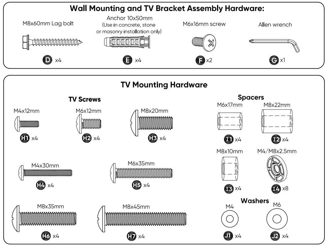 onn 100027961 50-Inch Full Motion TV Wall Mount User Guide - TV Mounting Hardware