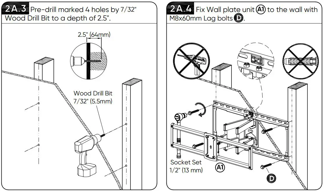 onn 100027961 50-Inch Full Motion TV Wall Mount User Guide - Wood Stud Installation