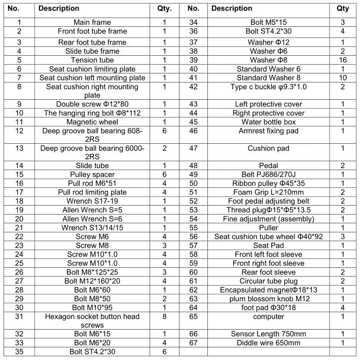 LIFESPAN Magnetic Rowing Machine - TOTAL PARTS LIST