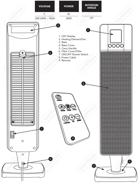 VonHaus-2514041-2000W-Oscillating-Ceramic-Fan-Tower-Heater-fig2