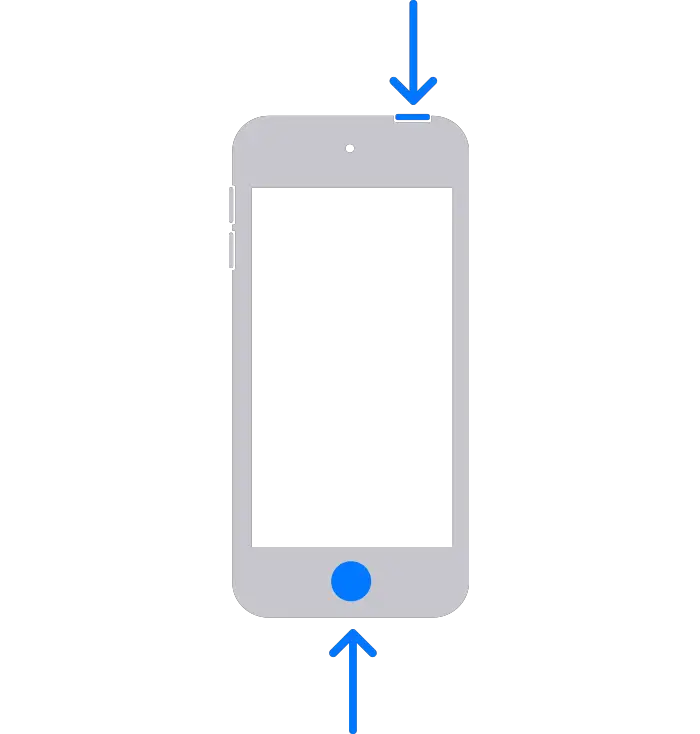 An iPod touch with arrows pointing to the Home button and the top button.