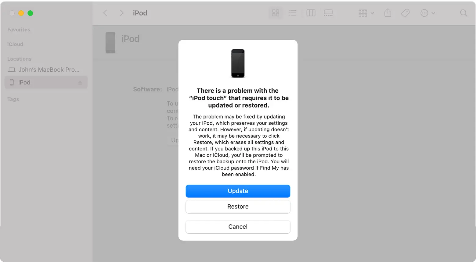 A Finder window showing a prompt with the choice to update or restore your iPod touch. Update is selected.