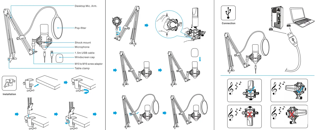 August REC100B Desktop USB Condenser Microphone Boom Arm - fig 1