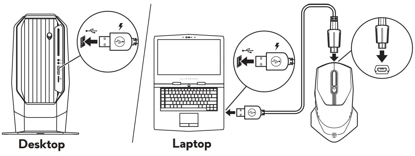 DELL Alienware 610M Wired Wireless Gaming Mouse - Connect the Micro USB end of the USB