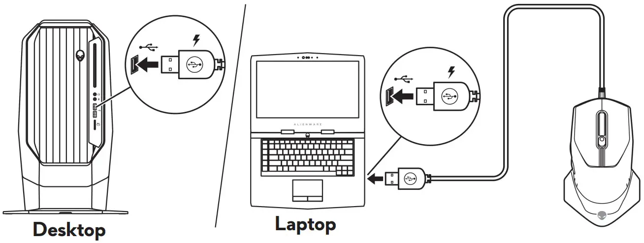 DELL Alienware 610M Wired Wireless Gaming Mouse - Connect the other end of the USB