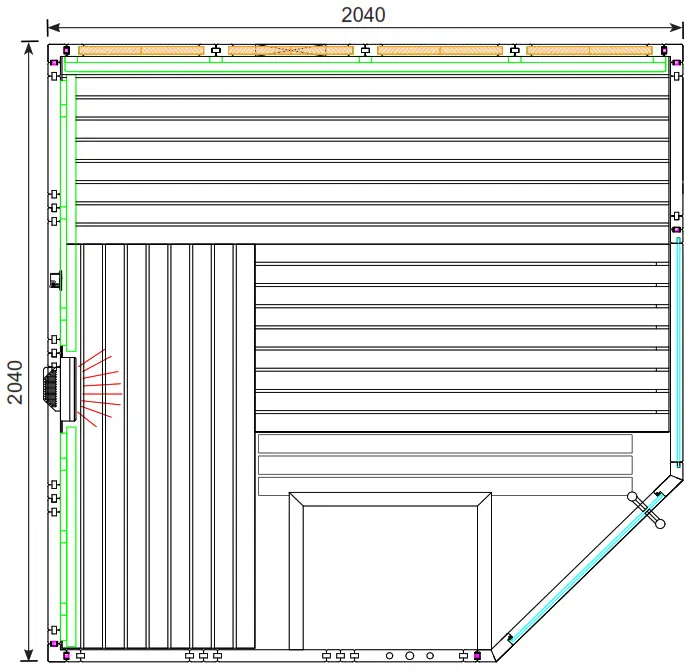 sentiotec Himalaya Corner Infra Plus 206x206x204cm Solid Wood Sauna - Floor plan