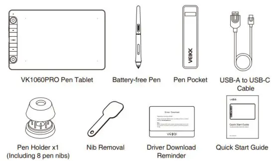VEIKK VK1060PRO Graphic Drawing Pen Tablet - Packing List