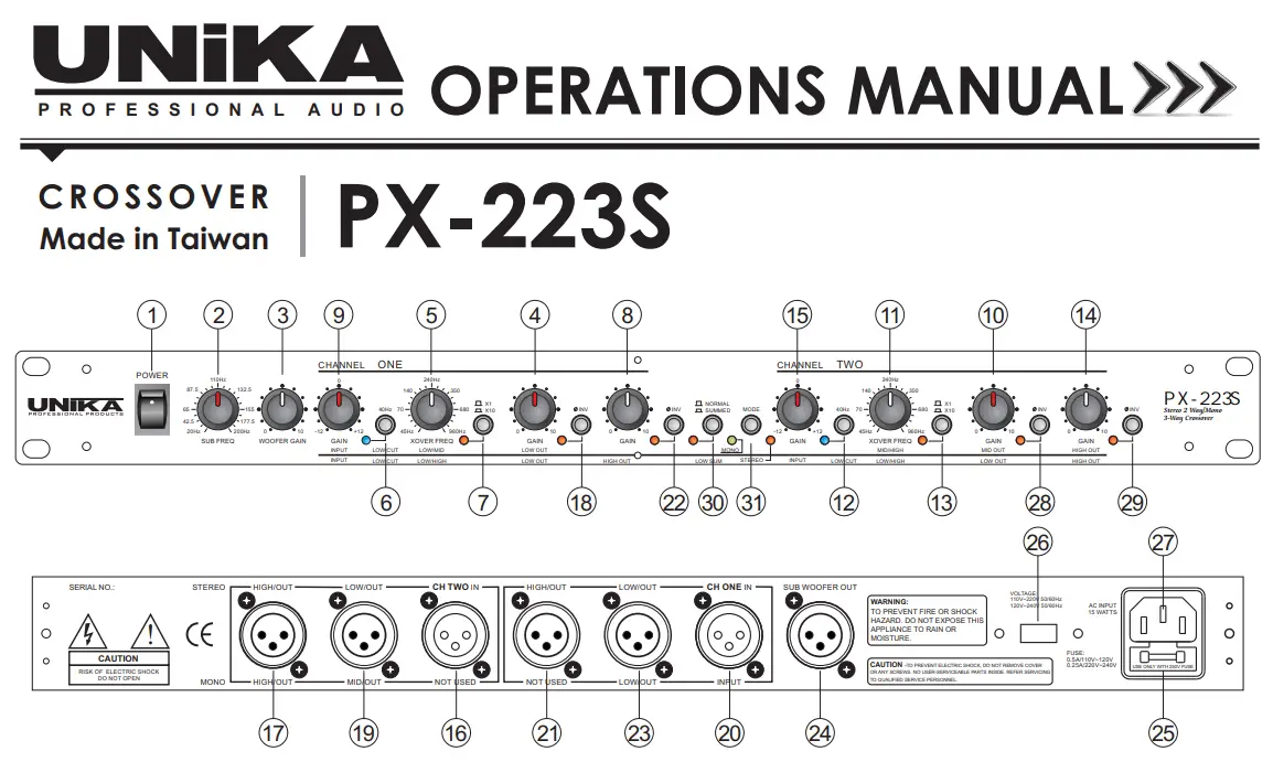 UNiKA PX-223S Professional Audio Crossover User Manual