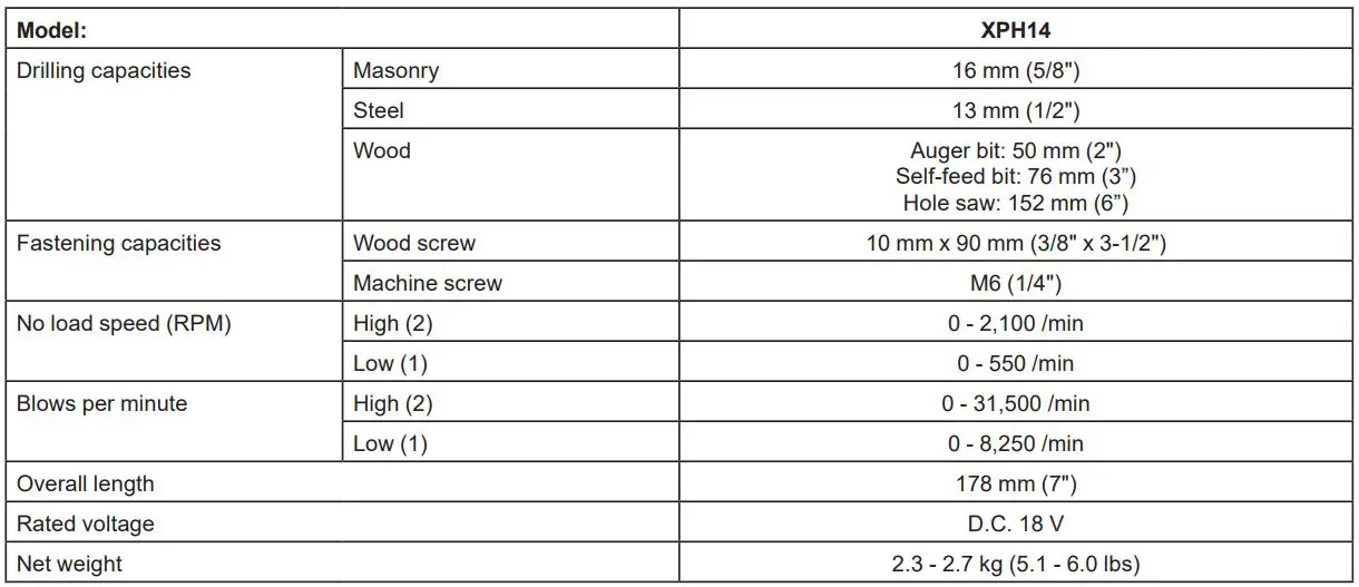 makita XPH14 Cordless Hammer Driver Drill Instruction Manual - SPECIFICATIONS