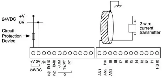 Analog Input wiring, current, 2 wire, AN1