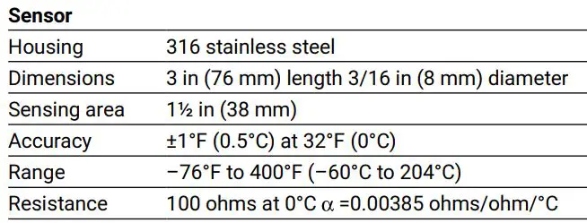 nVent RTD3CS RTD Temperature Sensors for Temperature Measurement Instruction Manual - SPECIFICATIONS