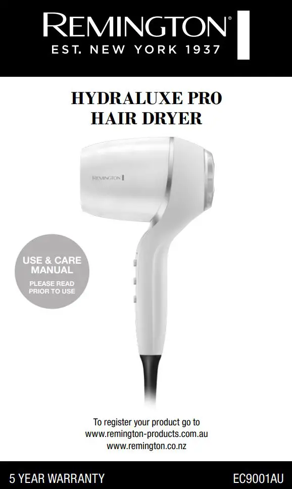 REMINGTON EC9001AU Hydraluxe Pro Hair Dryer User Manual
