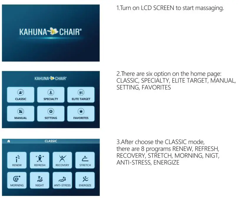 KAHUNA CHAIR EM 8500 Massage Chair Instruction Manual - Manual Control