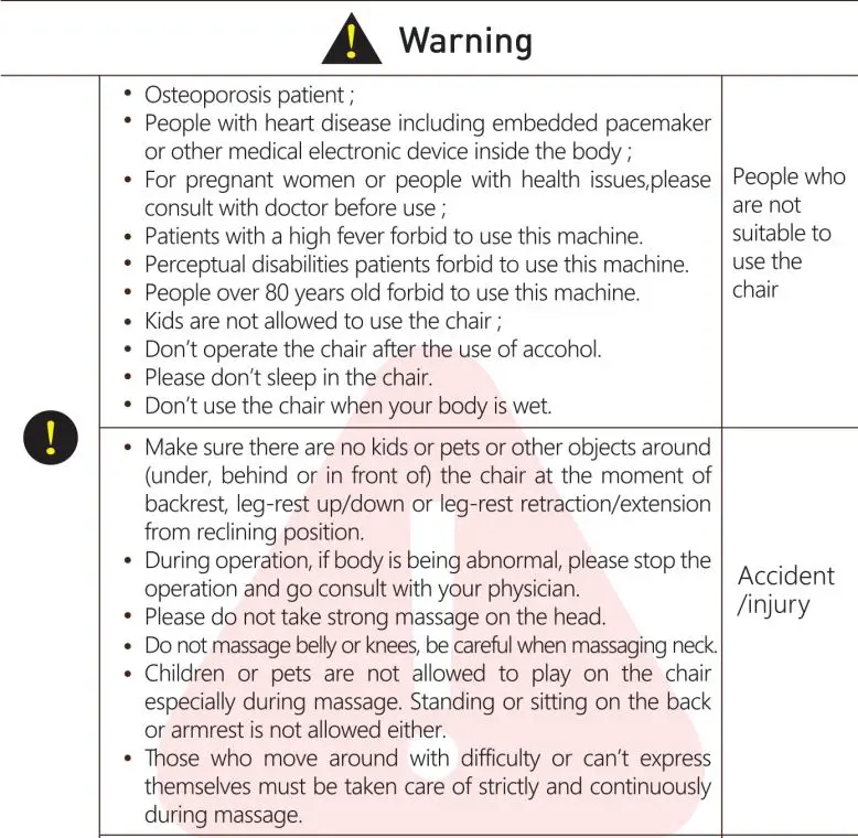 KAHUNA CHAIR EM 8500 Massage Chair Instruction Manual - Safety Instruction