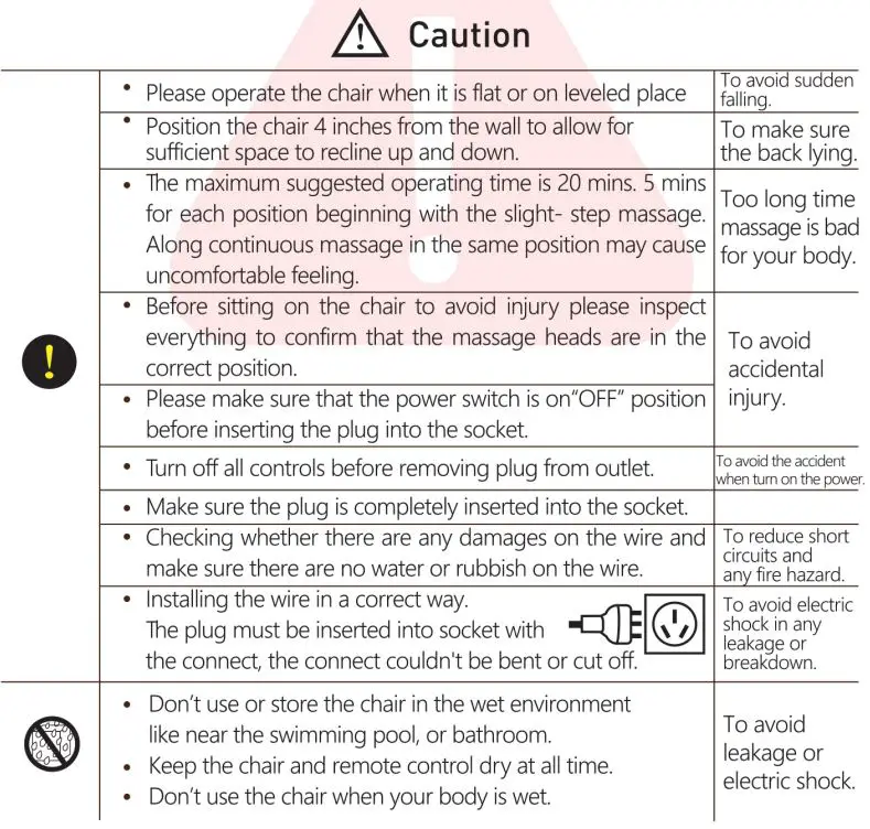 KAHUNA CHAIR EM 8500 Massage Chair Instruction Manual - Safety Instruction
