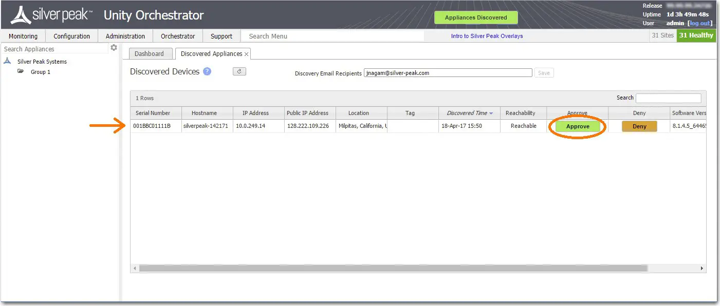 aruba EC US edge connect platform silver peak - Approve the Discovered Appliance