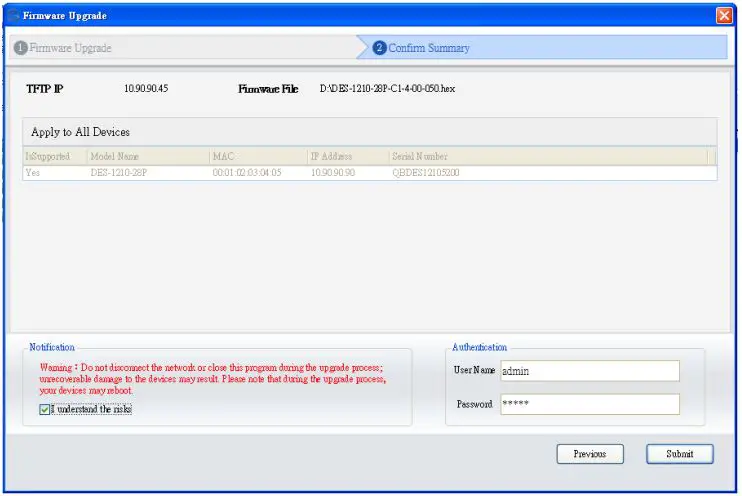 D-Link DGS-1250 A1 Series Firmware Release Notes Datasheet - Click the checkbox and click “Submit” button to start firmware upgrade