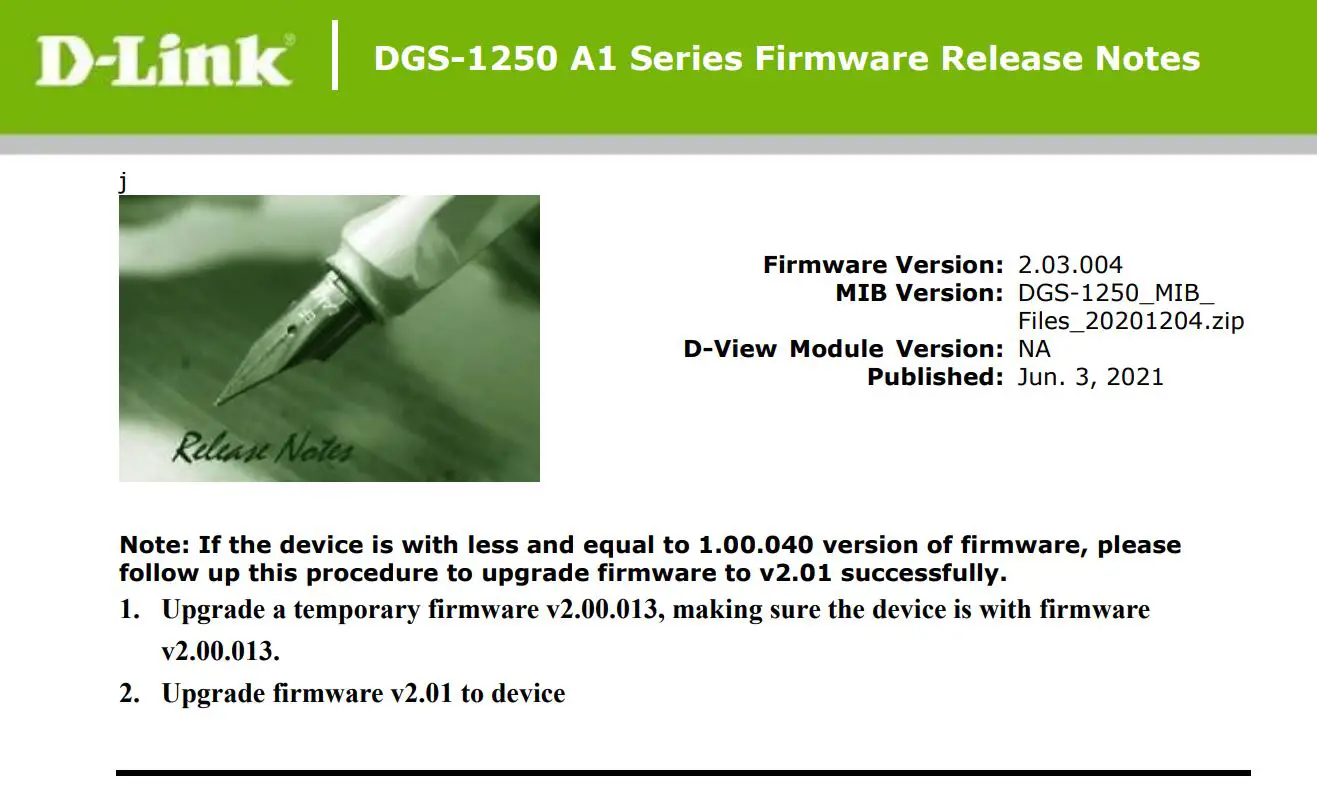D-Link DGS-1250 A1 Series Firmware Release Notes Datasheet
