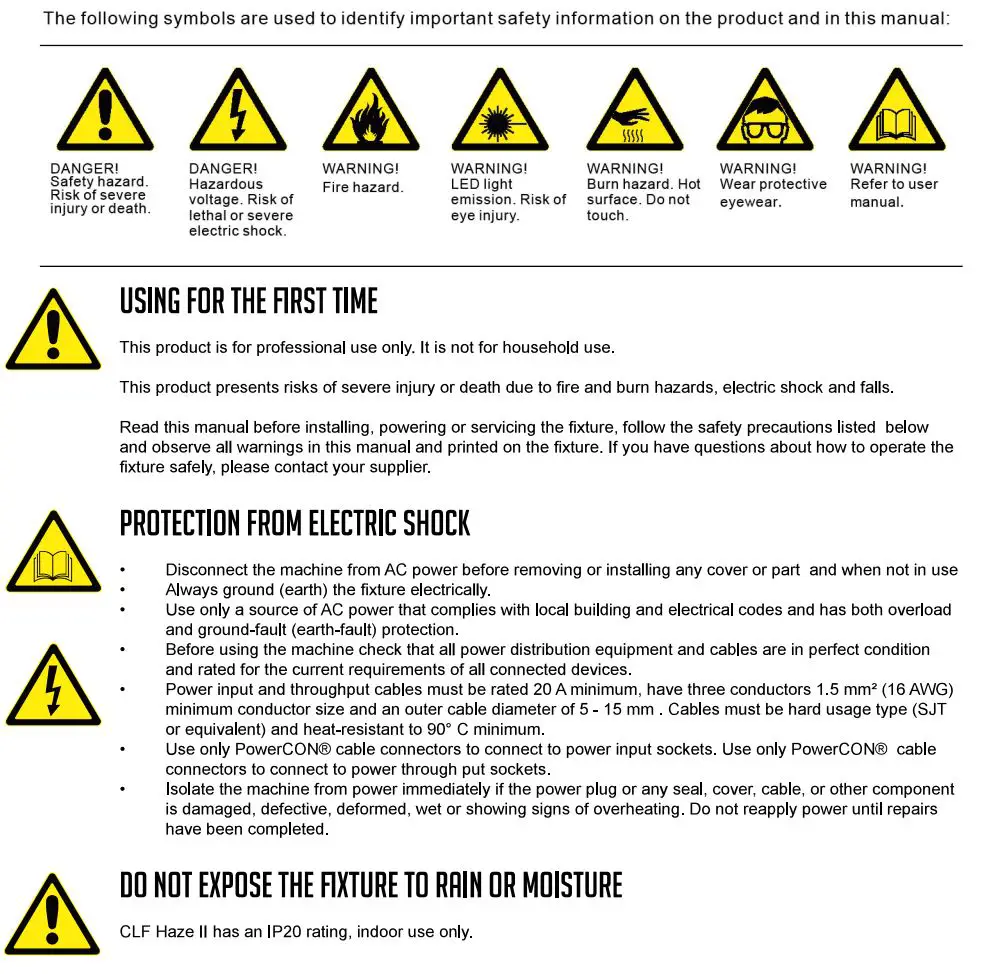 CLF LIGHTING Haze II Built-In Flightcase Touring Hazer User Manual - Safety Instruction