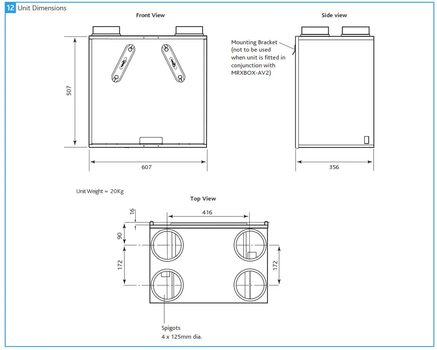 nuaire MRXBOXAB ECO2B SW Mechanical Ventilation Units with Heat Recovery for Wall Mounting - Dimensions