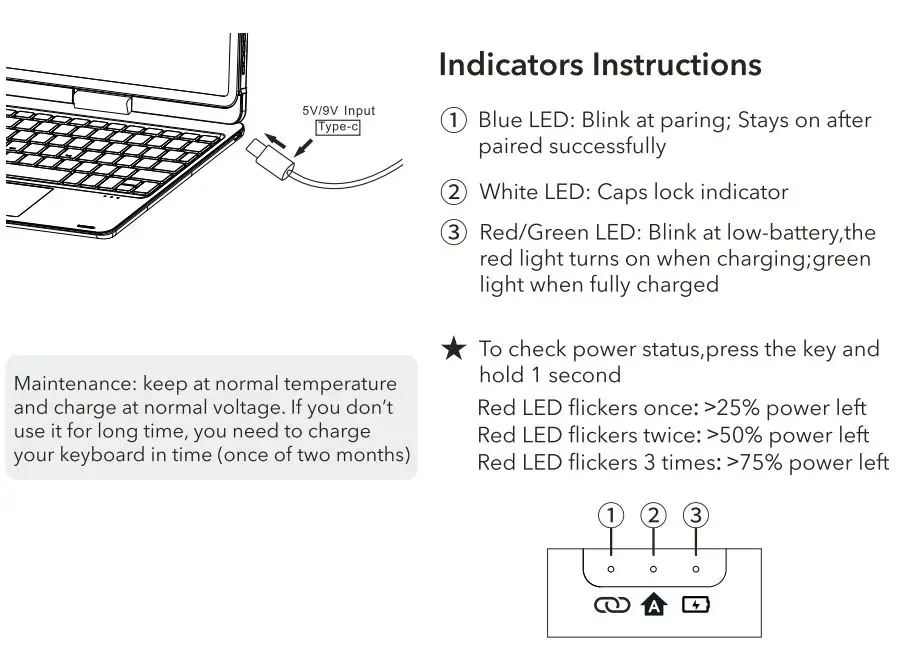 Dong Guan Bluefinger Electronics F180AT Wireless Keyboard Instructions - Charging instructions & maintenance
