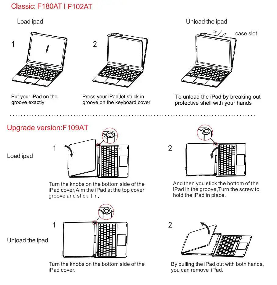 Dong Guan Bluefinger Electronics F180AT Wireless Keyboard Instructions - Load and unload the iPad