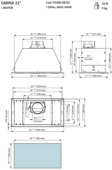 falmec FISAB22B3SS Sabina Potenza 22m Inch Scotch Brite Stainless Steel Insert Range Hood - 2
