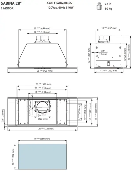 falmec FISAB22B3SS Sabina Potenza 22m Inch Scotch Brite Stainless Steel Insert Range Hood - 4