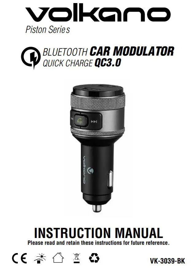 volkano Bluetooth Car Modulator Quick Charge Instruction Manual