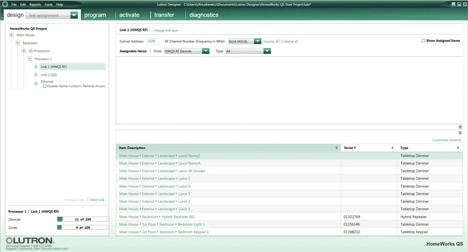 LUXOR Lutron Homeworks QS Software - Link Assignments 1