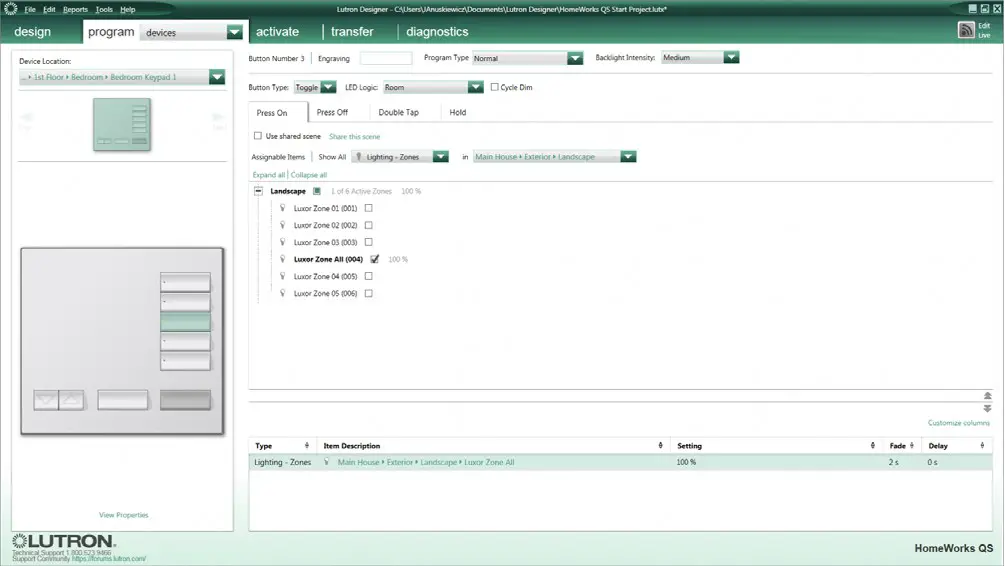 LUXOR Lutron Homeworks QS Software - Program Keypads 3
