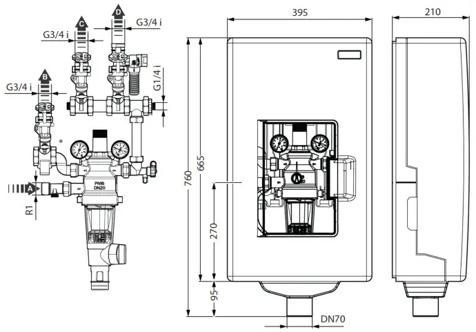 resideo Domestic Water Centre Braukmann PrimusCenter DWC7000 - DIMENSIONS