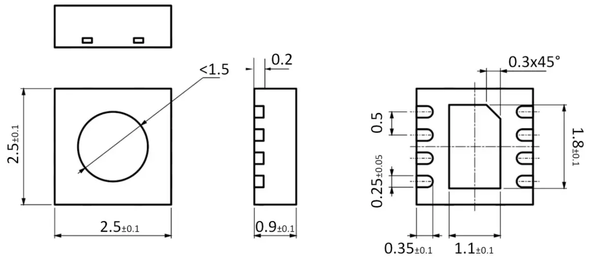 SENSIRION SHT3x Temperature and Humidity Sensors - Dimensional drawing
