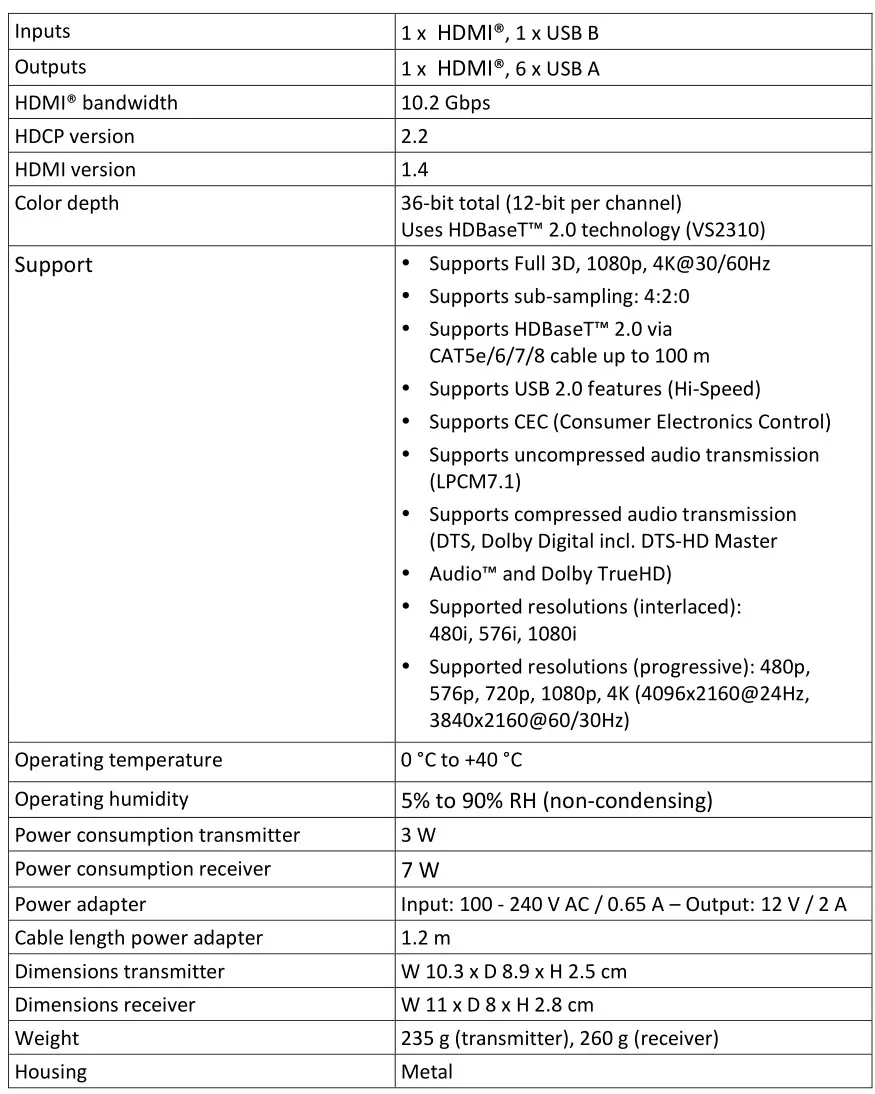 DIGITUS DS-55505 HD BaseT 2.0 KVM Extender Set - Specification