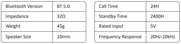 TNTOR TEB-1 Bluetooth Earphone User Manual - Product Parameter