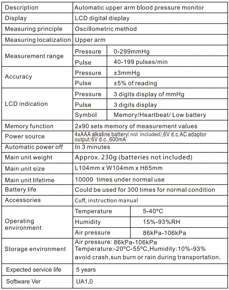 Smilecare U80H Upper Arm Electronic Blood Pressure Monitor Instruction Manual - Specifications