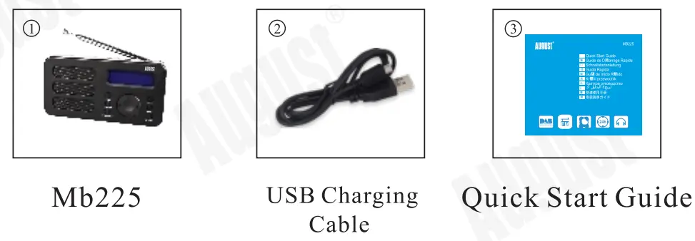 August MB225B Portable DAB or DAB or FM Alarm Clock Radio - Box Contents