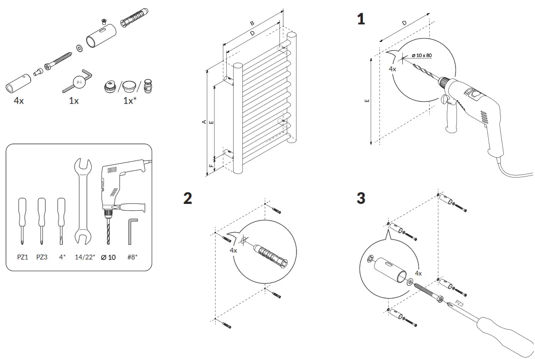 TERMA 2003BTU Rolo Towel Rail - Mounting