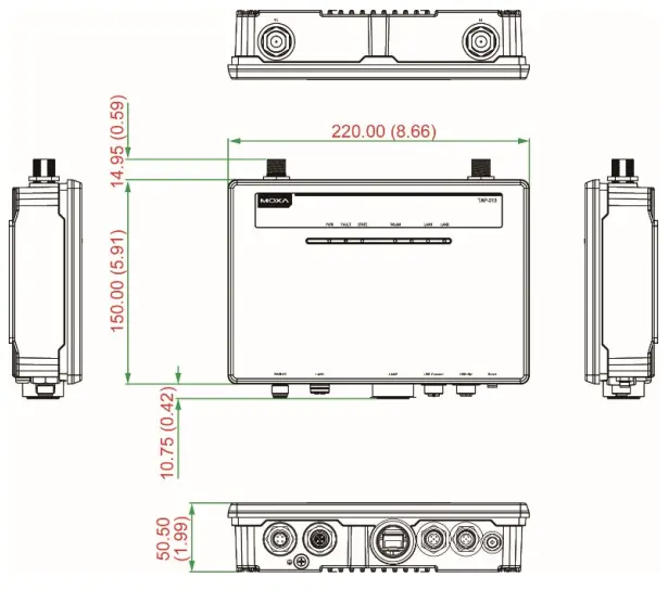 MOXA TAP 213 Series Rail Onboard 802 11n IP68 Wireless client - Mounting Dimensions