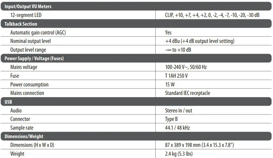 behringer CONTROL2USB High-End Studio Control with VCA Control and USB Audio Interface User Guide - Specifications