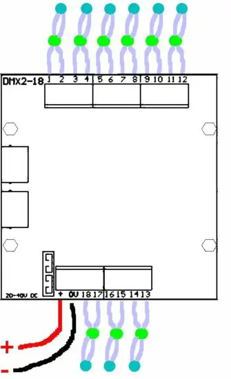 HANSON ELECTRONICS DMX2 24 DMX Controller for 2 Wire 2 Channel LED Strings - Connection Example