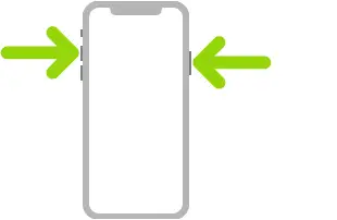 An illustration of iPhone with arrows pointing to the side button on the upper right and the volume up button on the upper left.