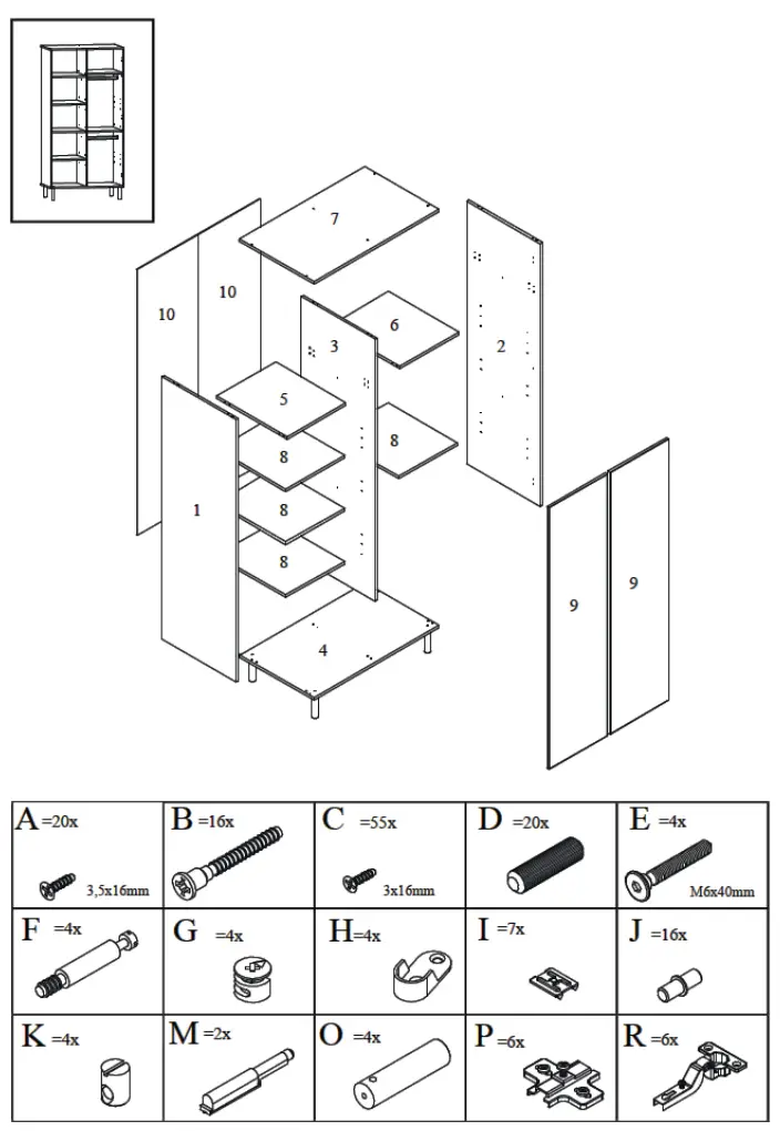 Quax MONO 54F03 0400x 2 Handle less Doors Chest - Parts list