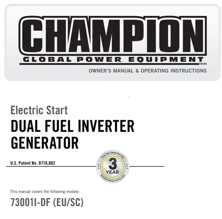 CHAMPION 73001I-DF 3500W LPG Dual Fuel Inverter Generator Instruction Manual