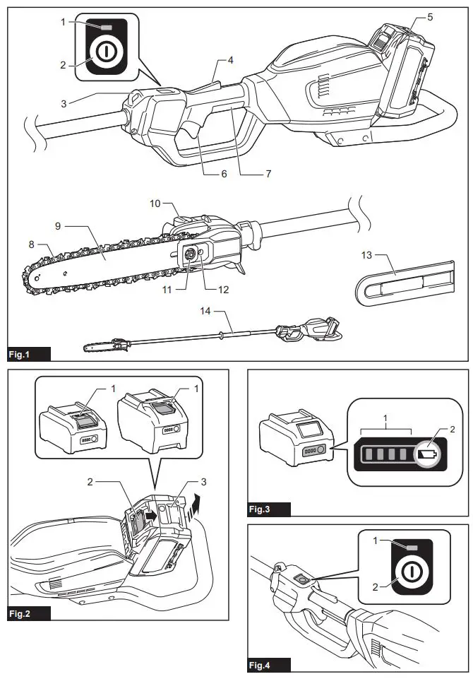makita UA003G Cordless Pole Saw Instruction Manual - Fig 1,4