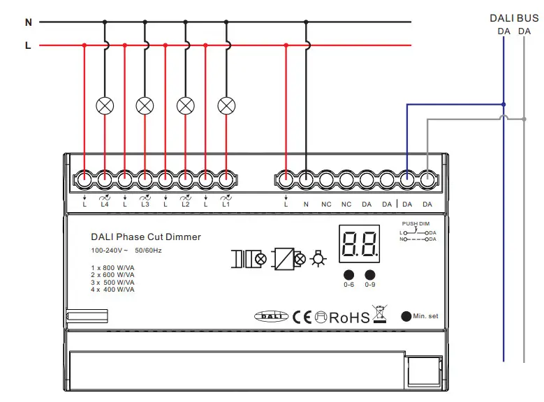 nortronic SR-2303AC-4CH-DIN 4 Channels DALI Phase Dimmer - Diagram 2