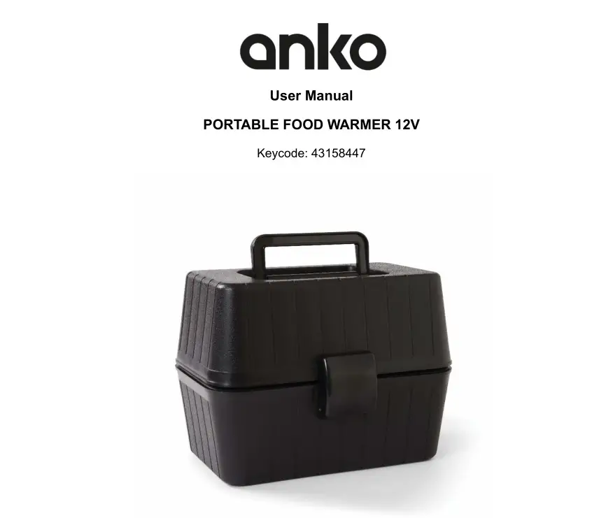 anko 43158447 12v Portable Food Warmer User Manual