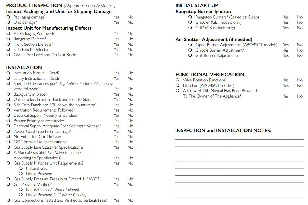 AMERICAN RANGE AROBSCT430L 30 Inch Slide-In Gas Rangetop Instruction Manual - CHECK ALL THAT APPLY