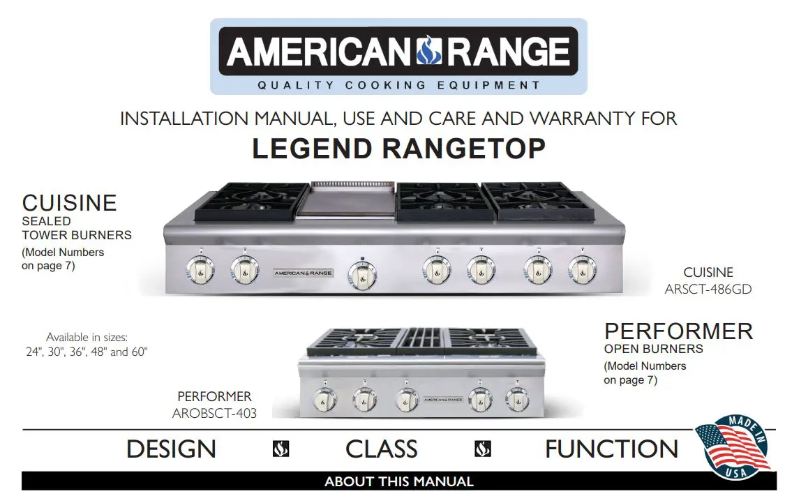 AMERICAN RANGE AROBSCT430L 30 Inch Slide-In Gas Rangetop Instruction Manual