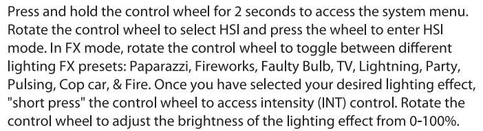 Aputure MC RGBWW LED Light User Manual - FX Mode Text